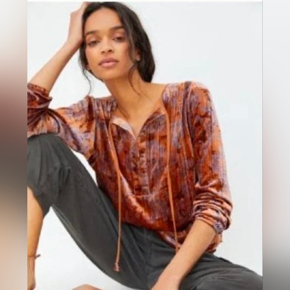 Anthropologie Orange Faustine Velvet Long Sleeve Peasant Blouse - Picture 4 of 7
